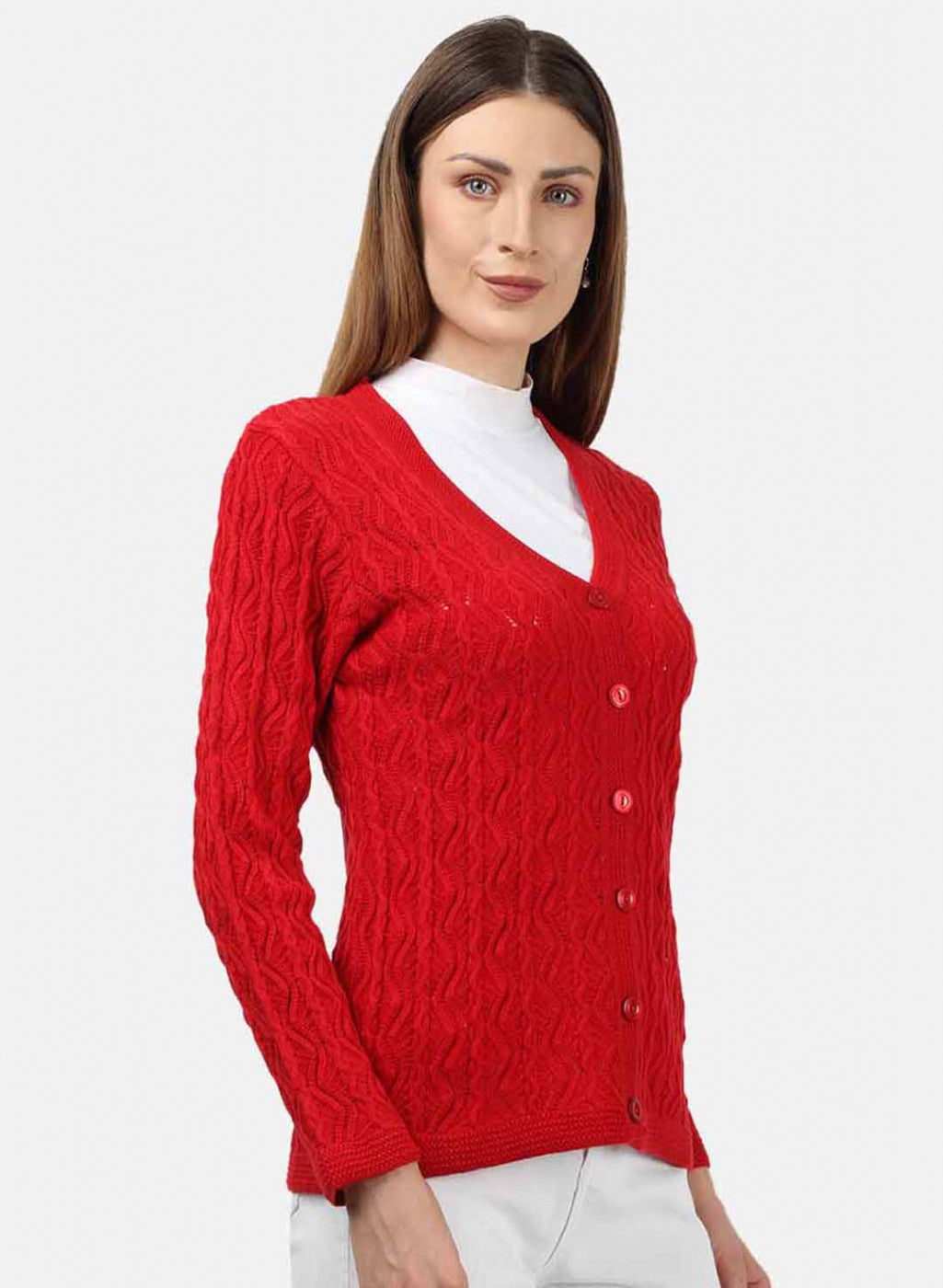 Women Red Self Design Cardigan