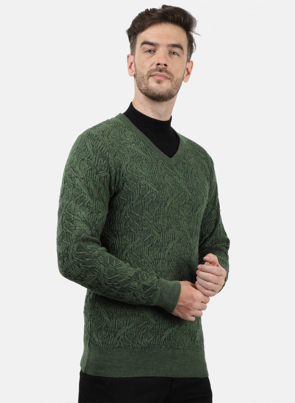 Men Green Self Pullover