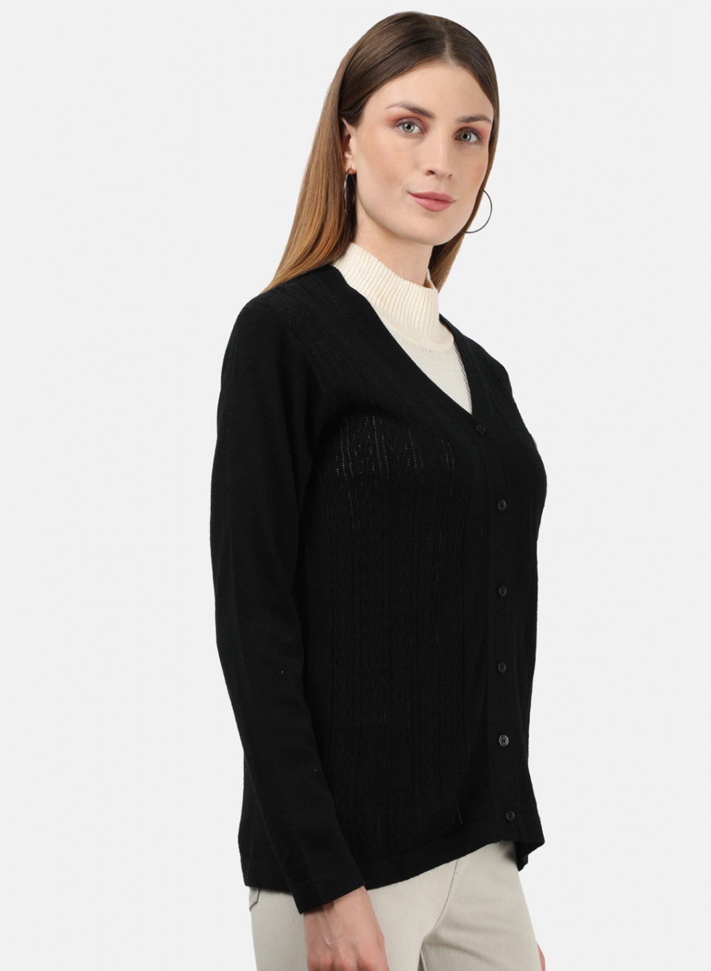 Women Black Self Cardigan