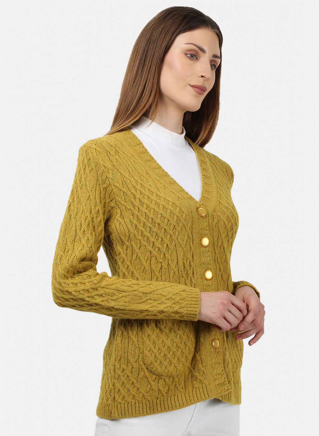 Women Yellow Self Design Cardigan