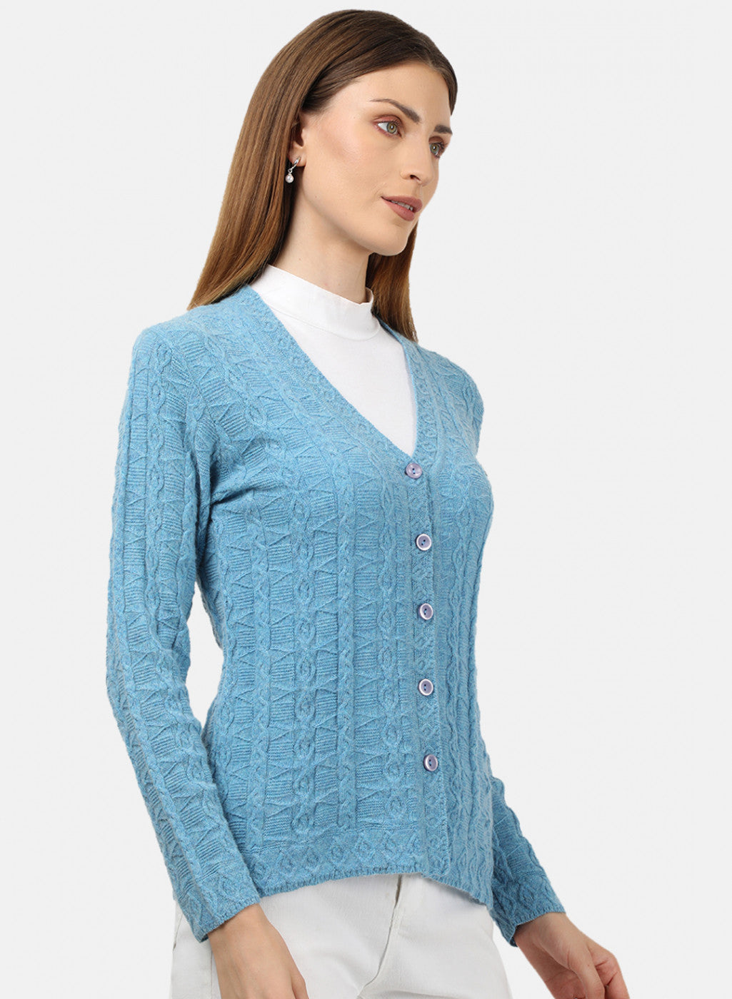 Women Blue Self Design Cardigan