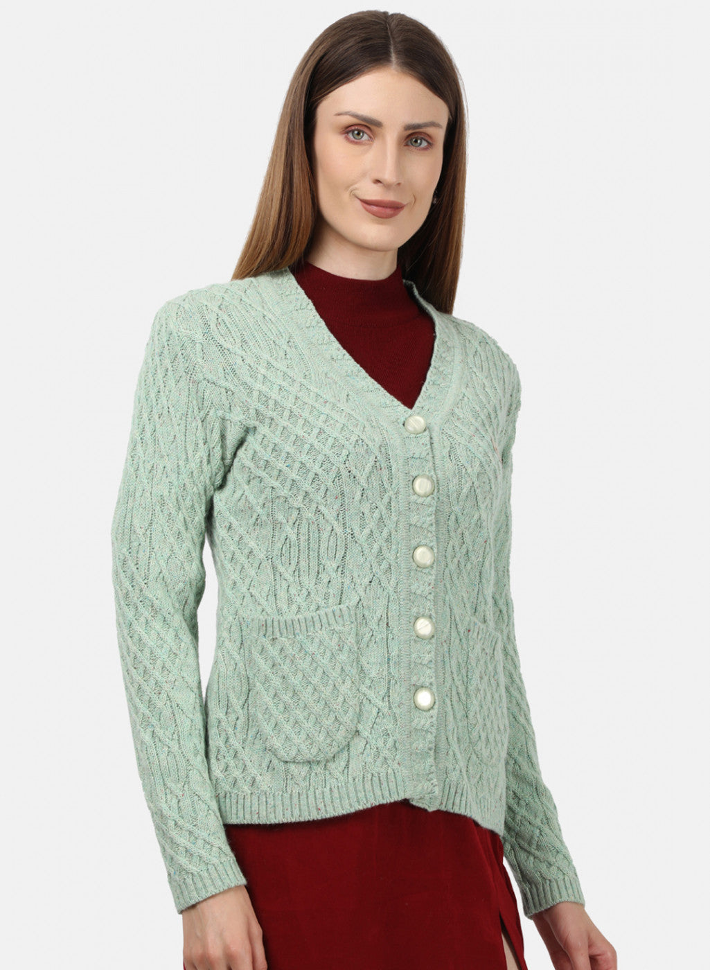 Women Green Self Design Cardigan