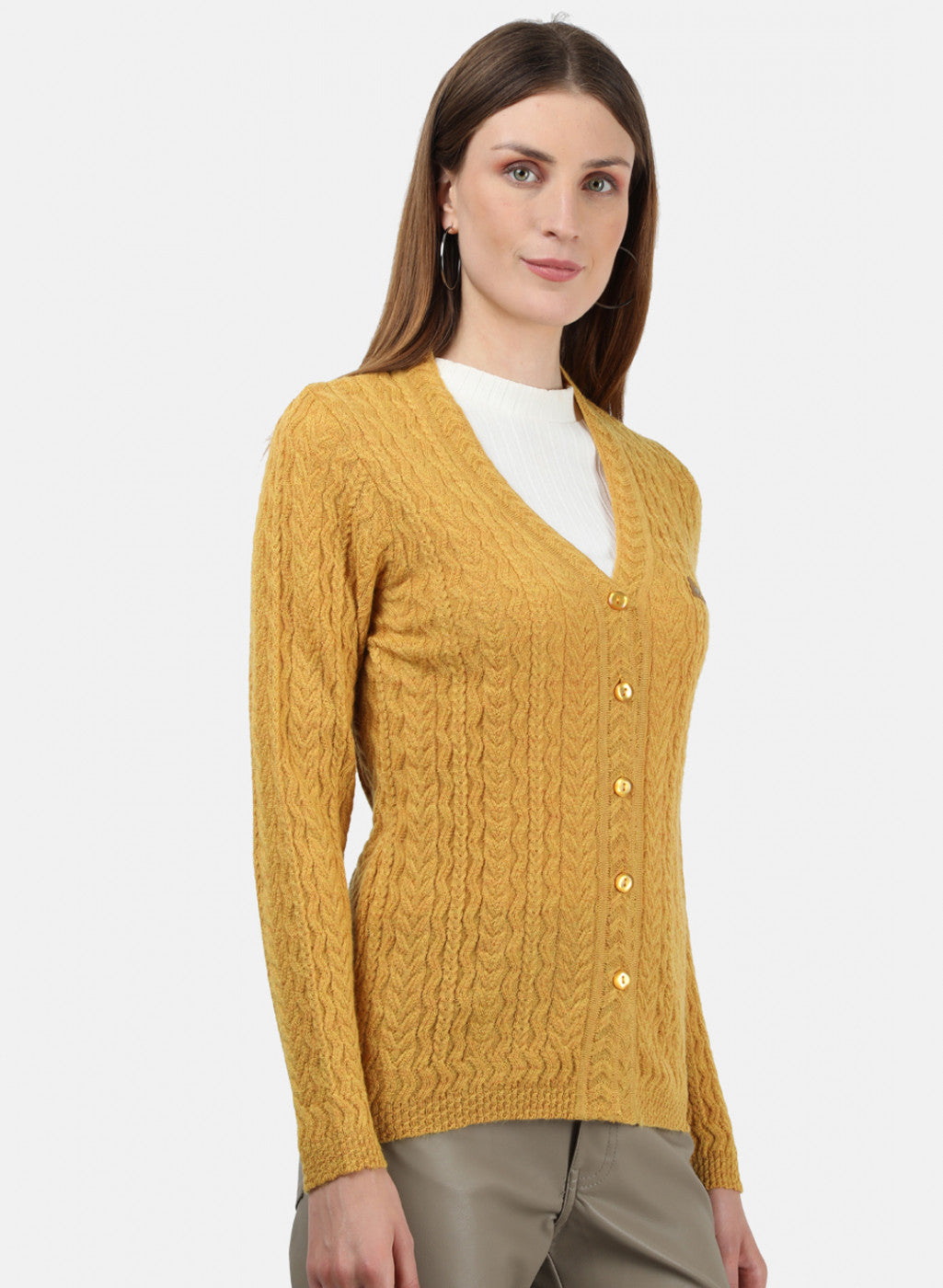 Women Yellow Self Cardigan