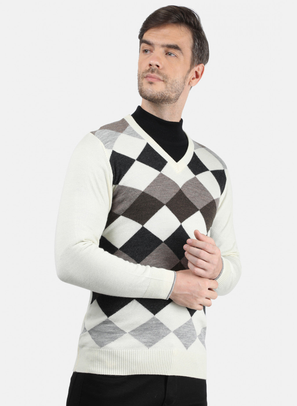 Men White & Grey Solid Pullover