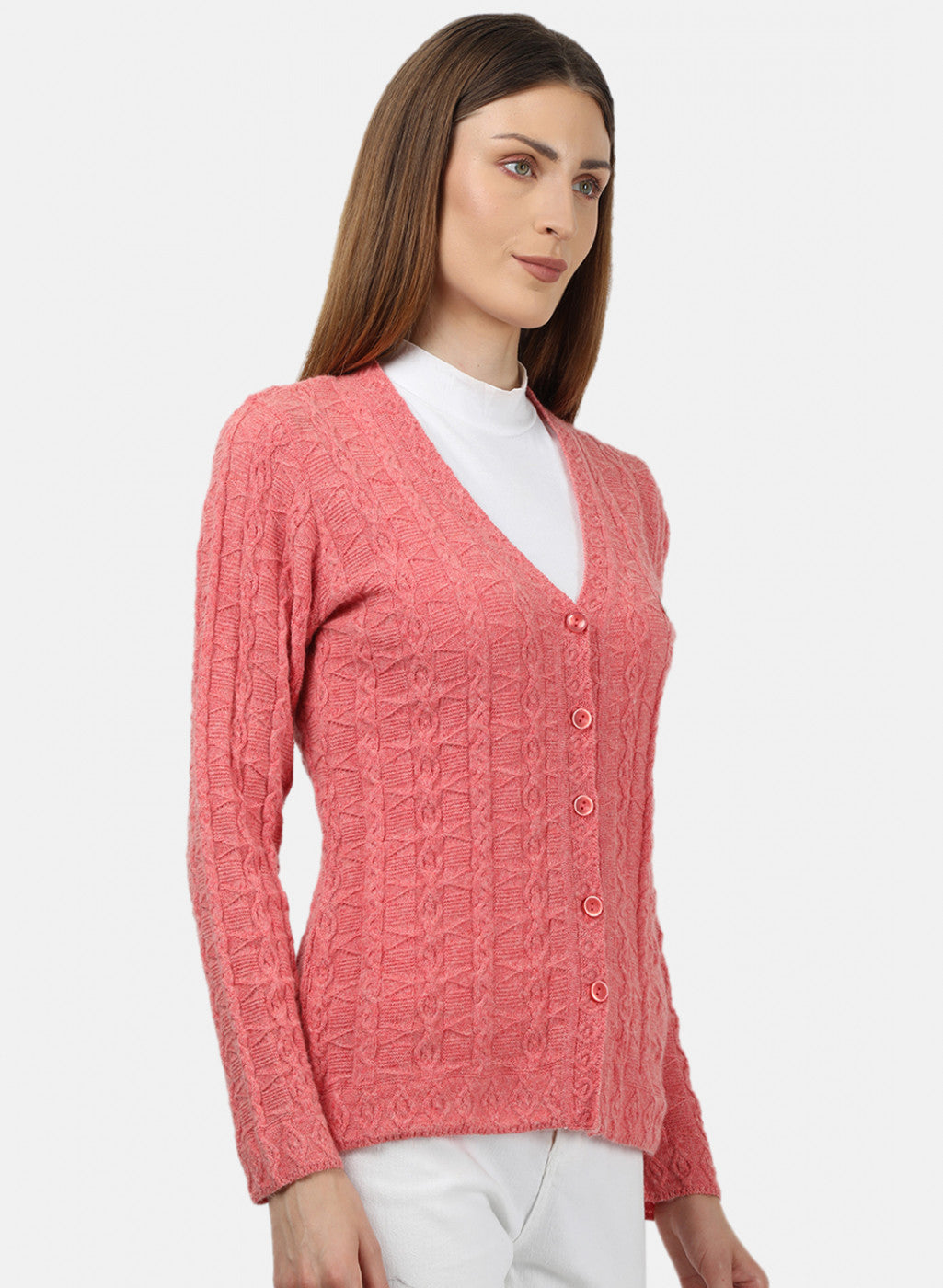 Women Light Red Self Design Cardigan