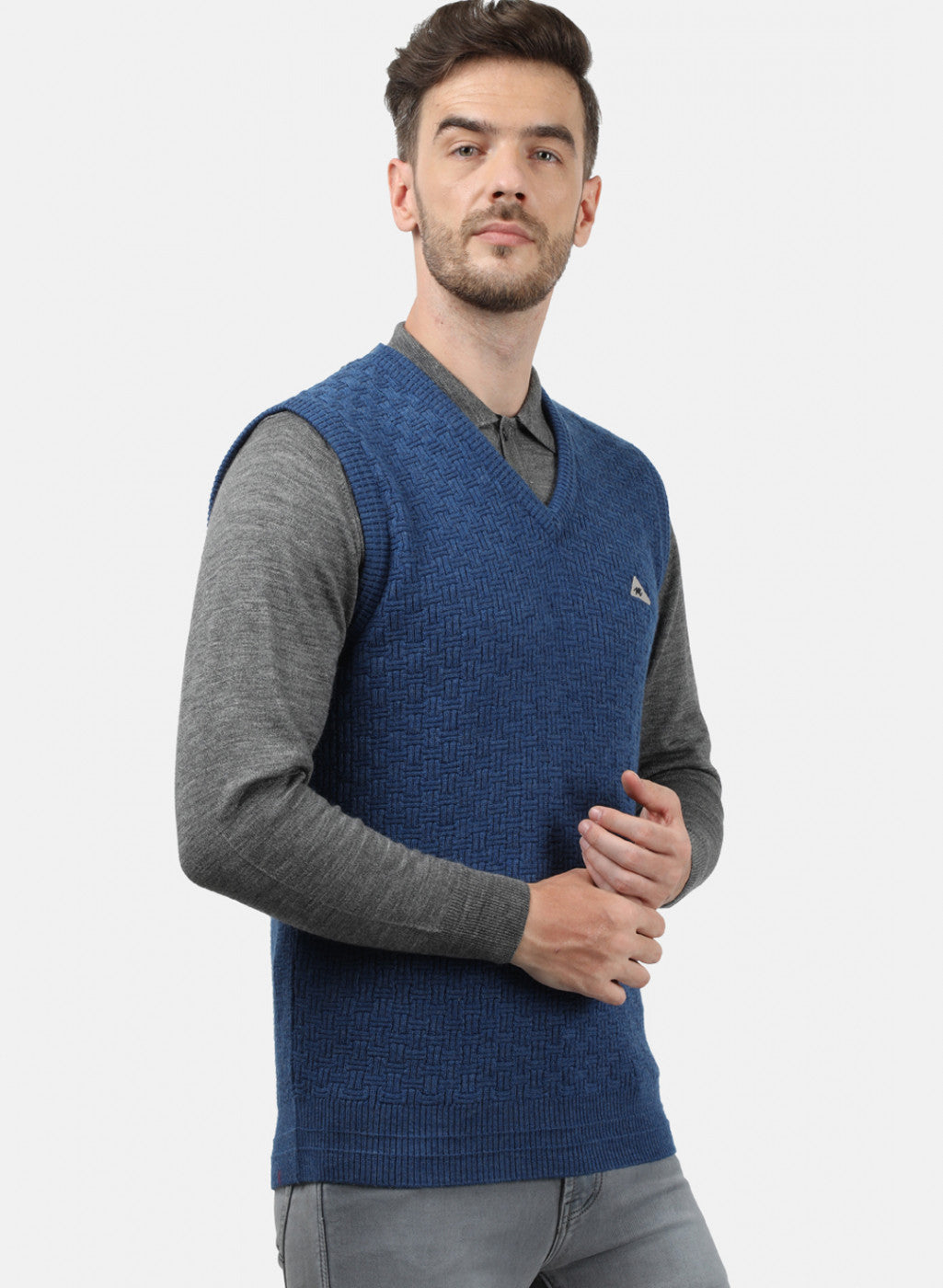 Men Blue Self Sweater