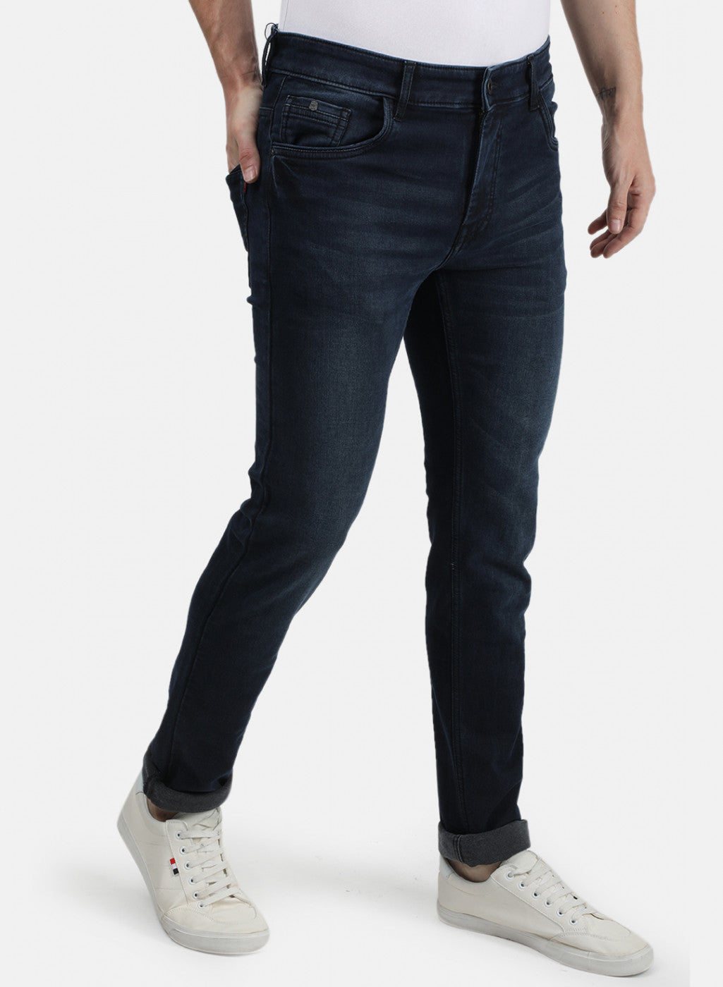 Men Navy Blue Light Wash Trouser