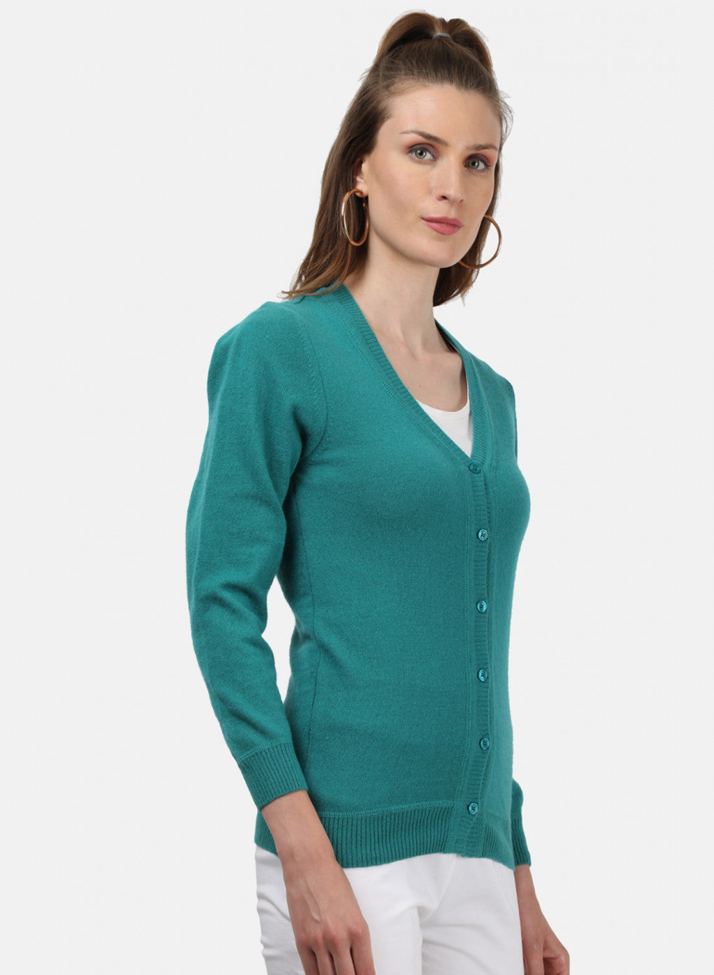 Women Sea Green Solid Cardigan