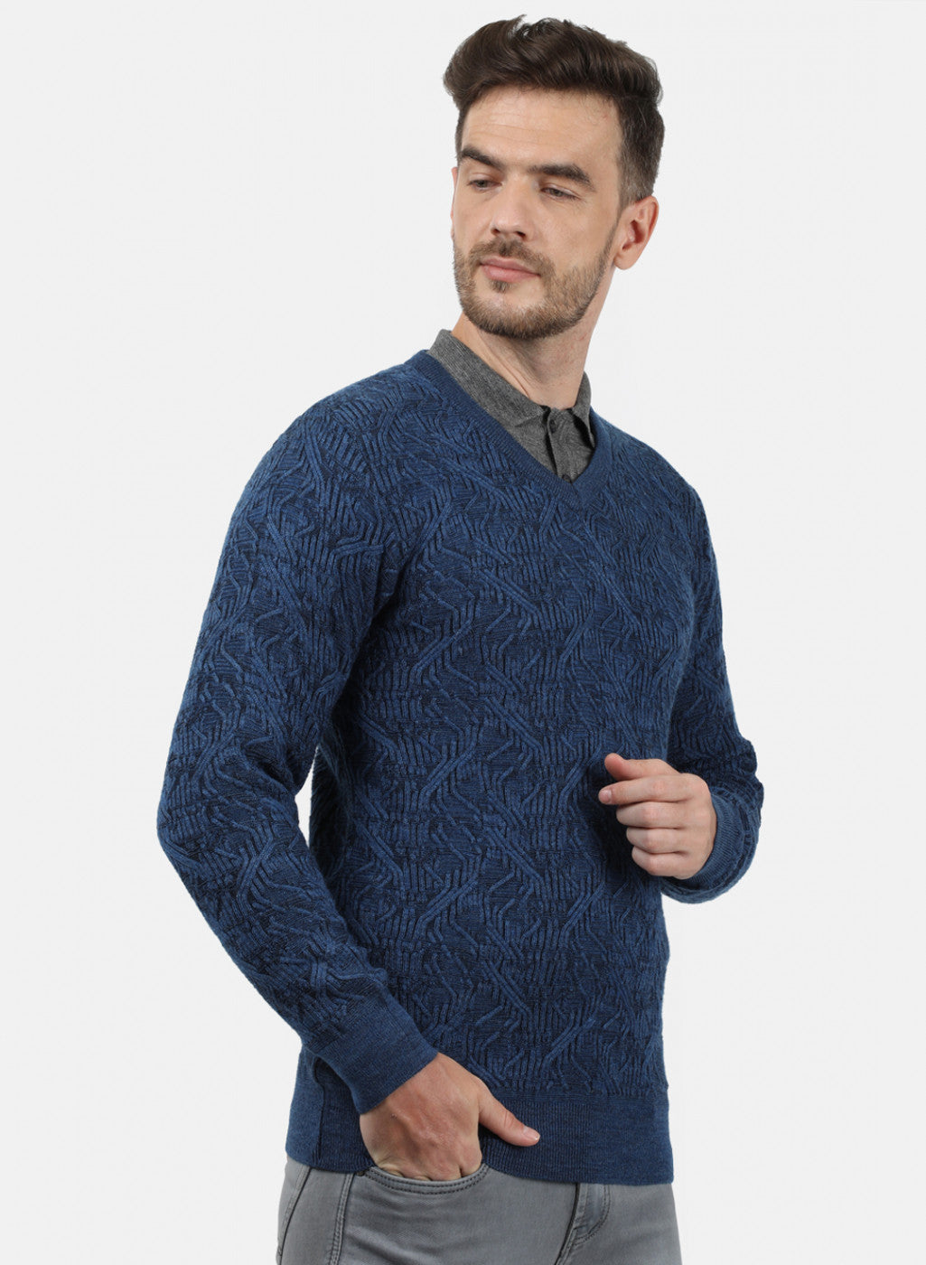 Men Blue Self Pullover