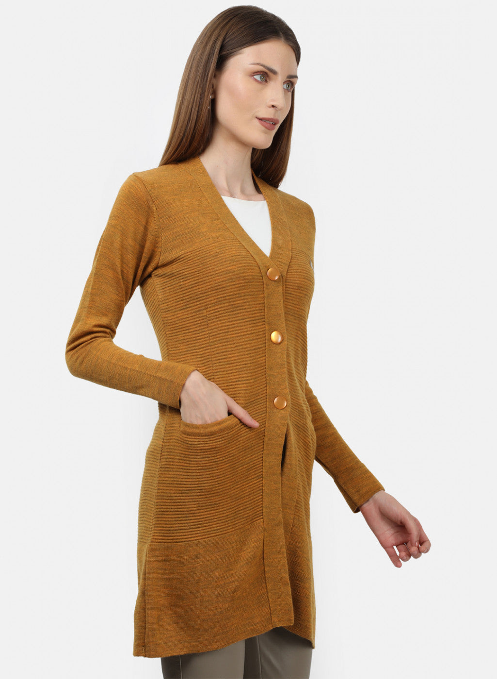 Women Mustard Self Design Cardigan