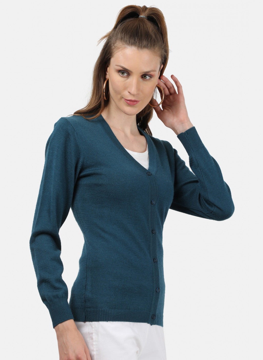 Women Teal Blue Solid Cardigan