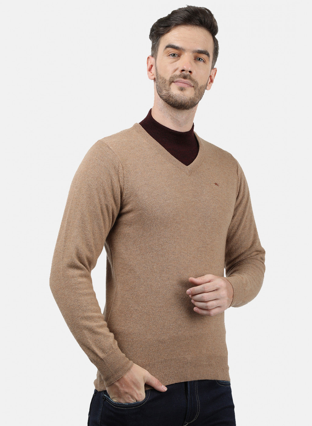 Men Beige Solid Pullover