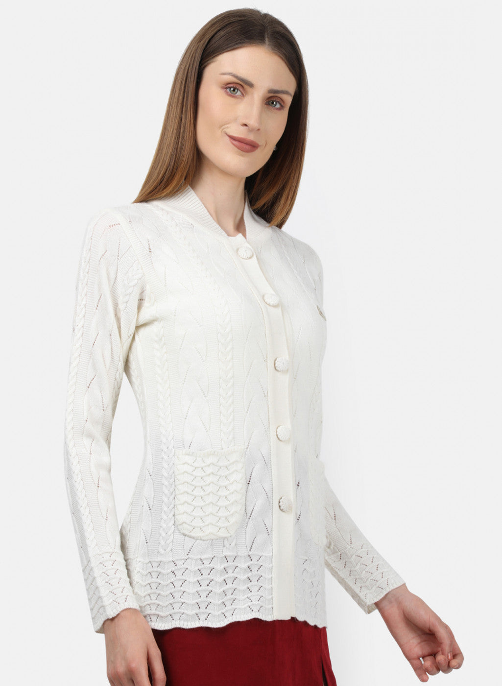 Women White Self Design Cardigan