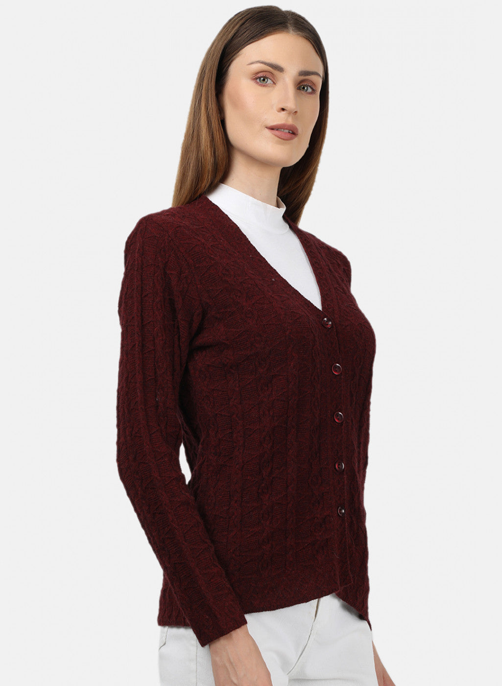 Women Maroon Self Design Cardigan