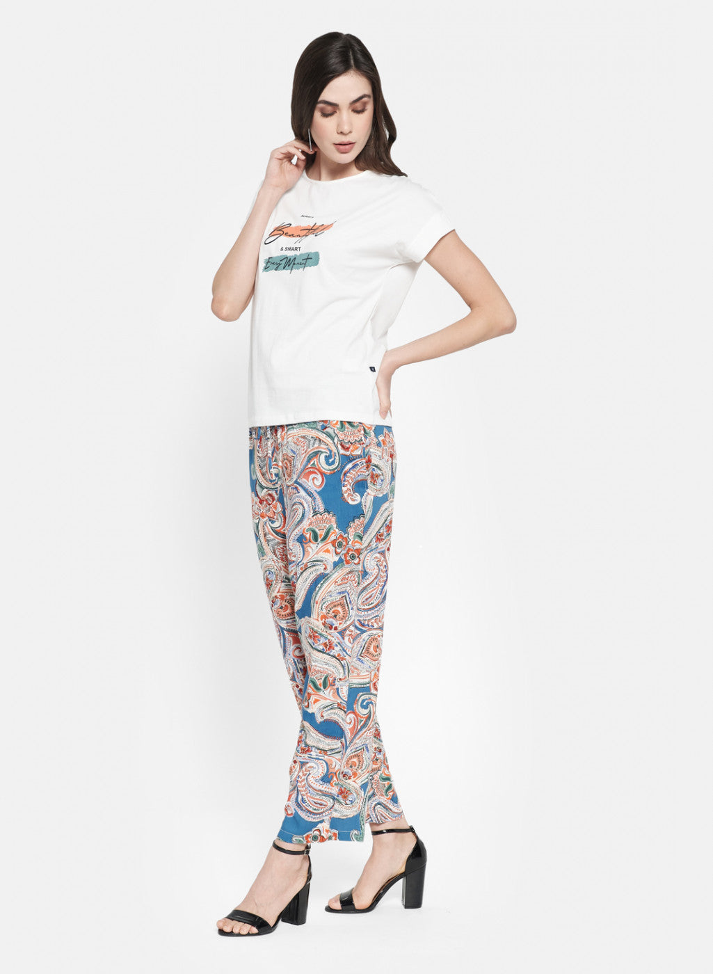 Womens Cream & Blue Printed Plazoo Set