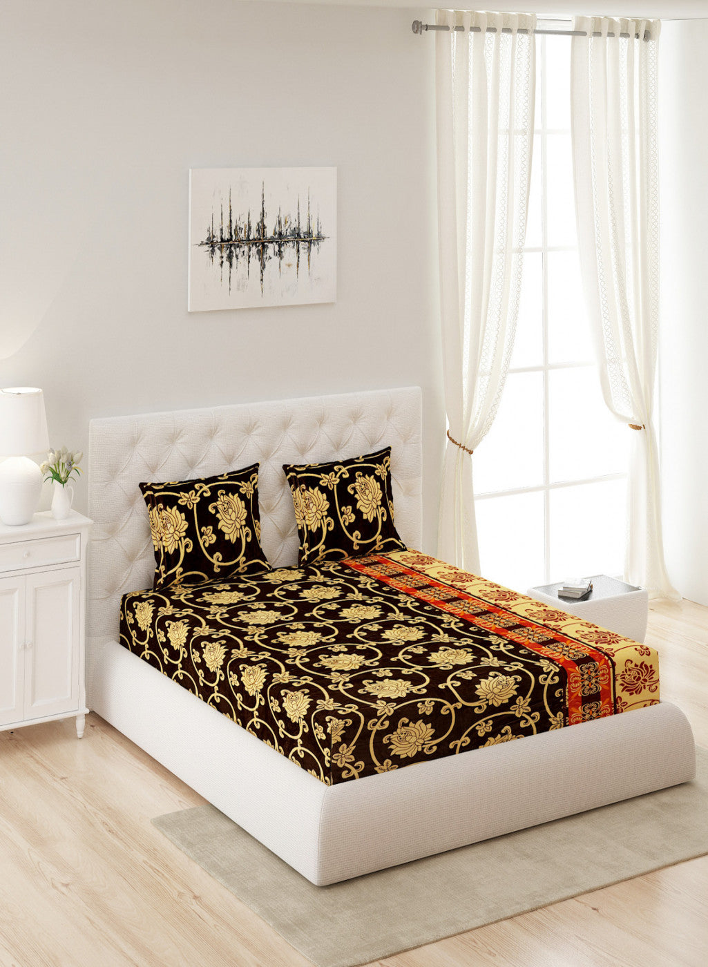 Multicolor 280 GSM Bedsheet with 2 Pillow Covers (Wisdom Gold)