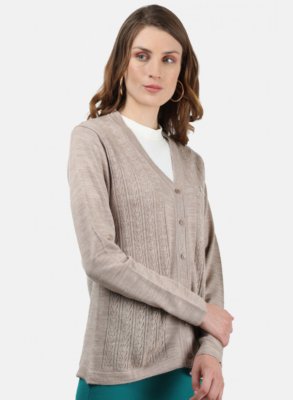 Women Beige Self Cardigan