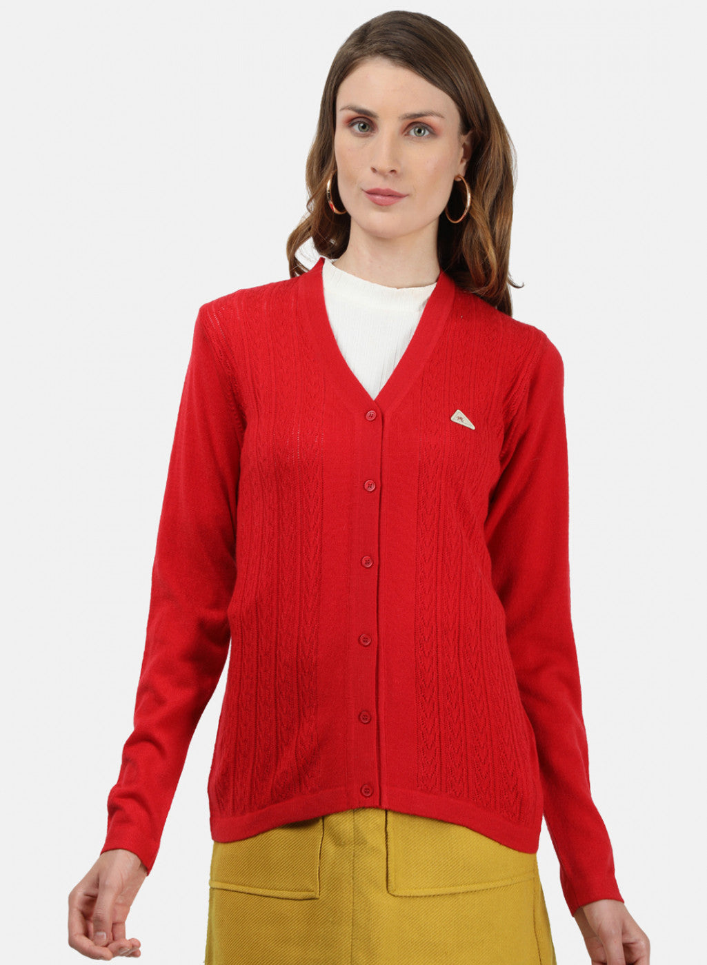 Women Red Self Cardigan