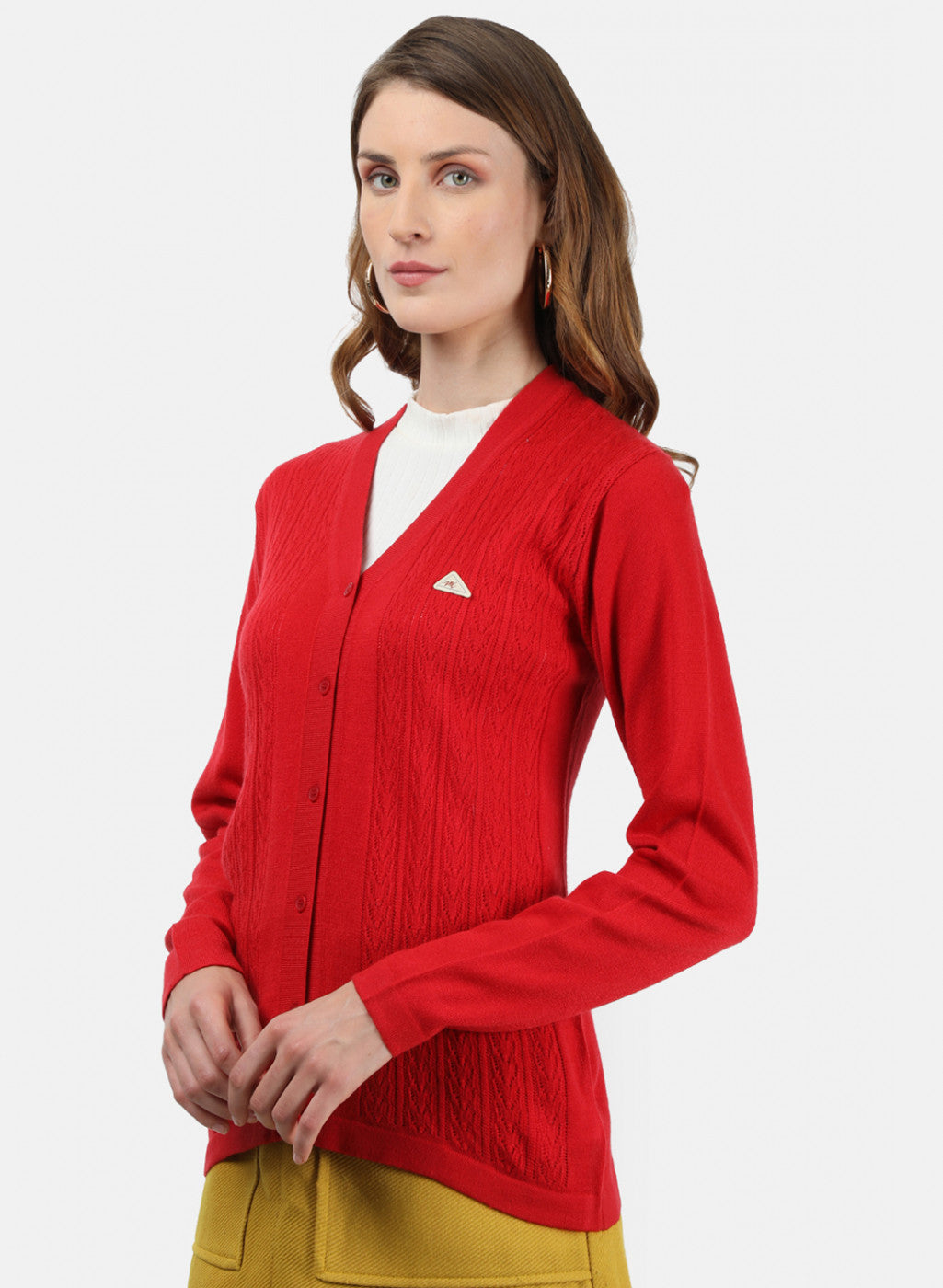 Women Red Self Cardigan