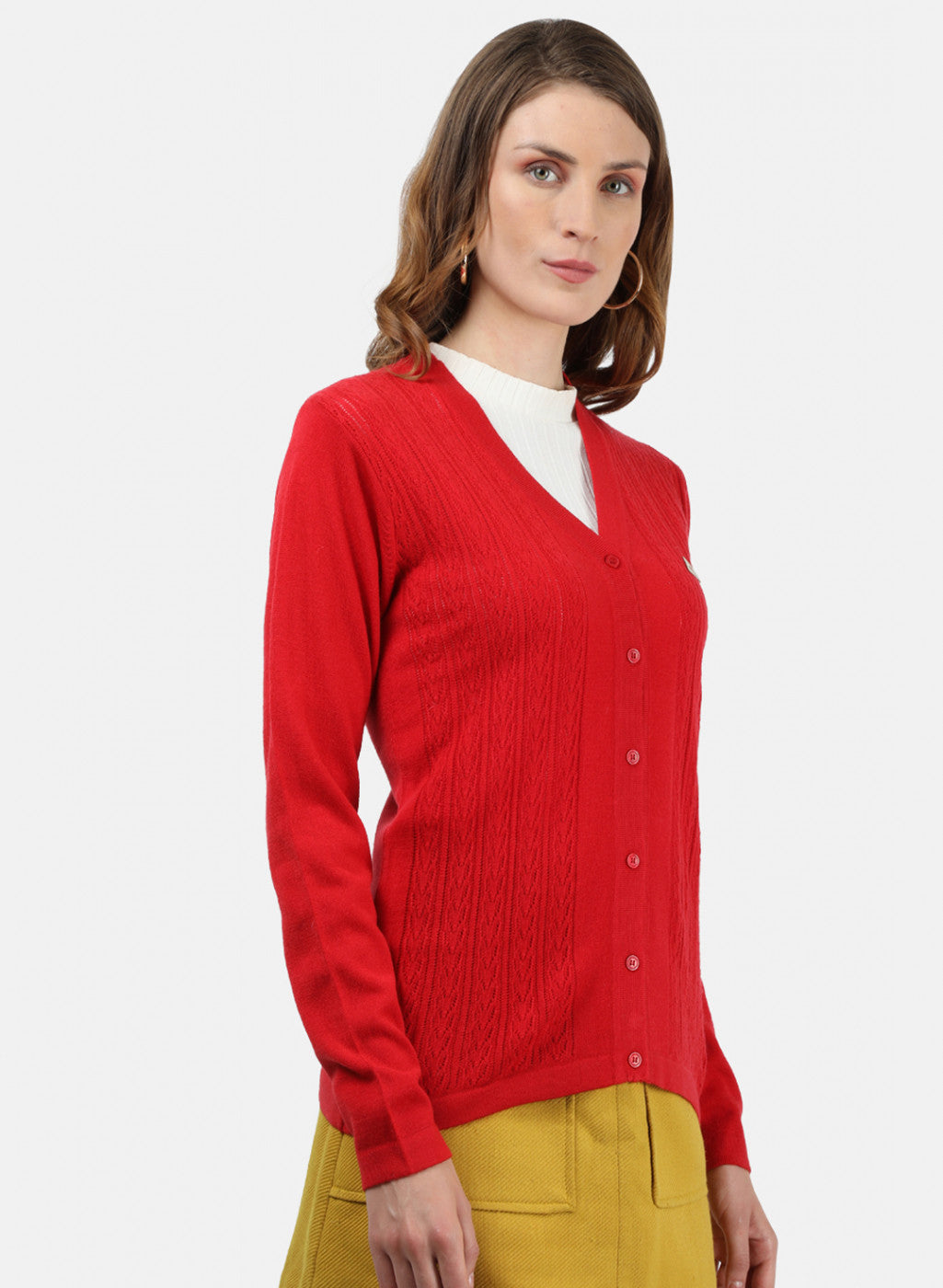 Women Red Self Cardigan