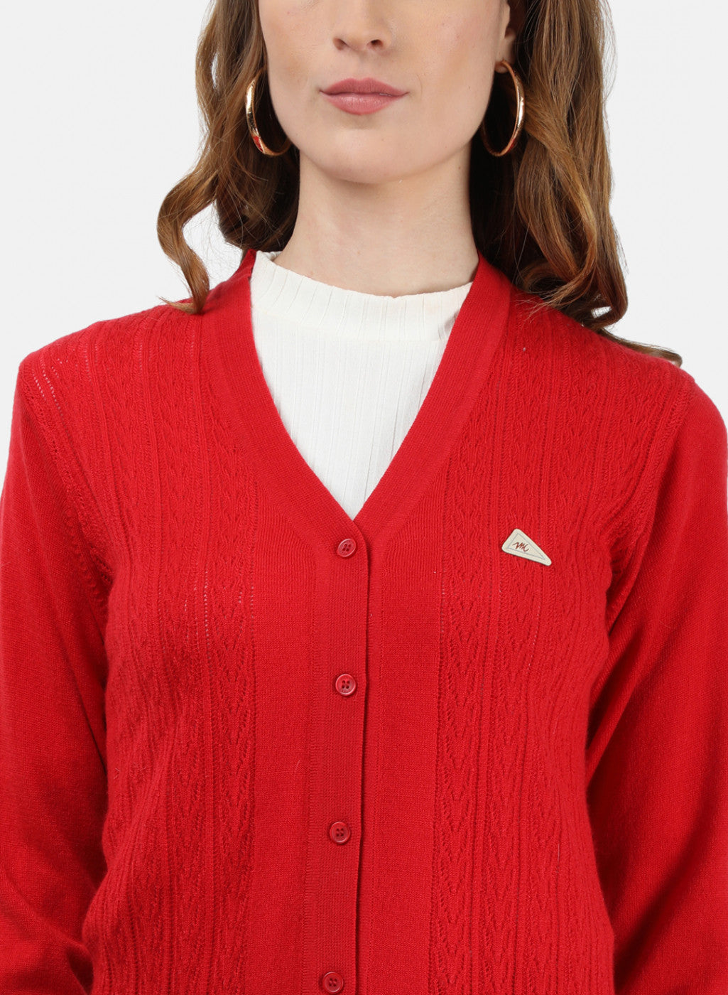 Women Red Self Cardigan