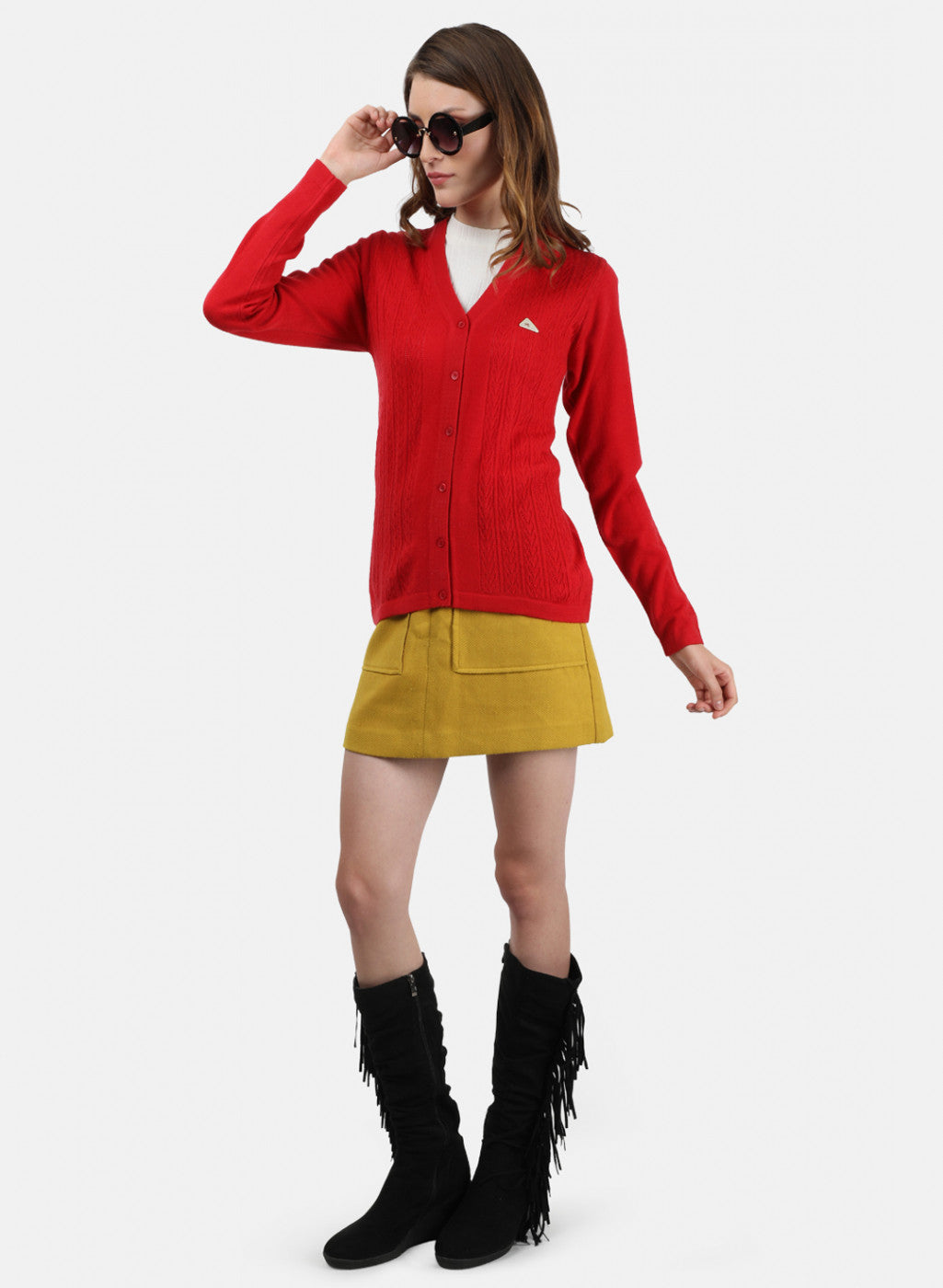 Women Red Self Cardigan