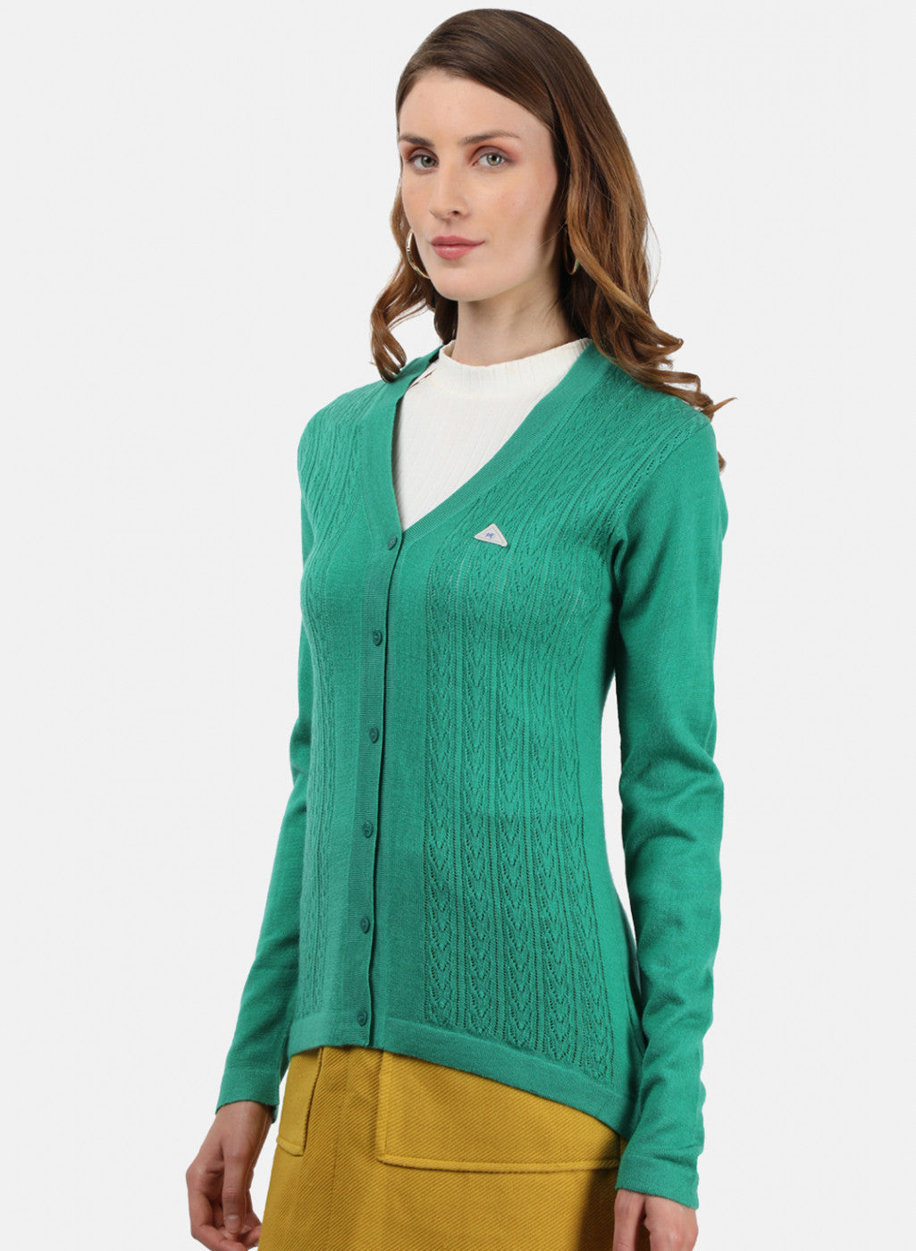 Women Green Self Cardigan