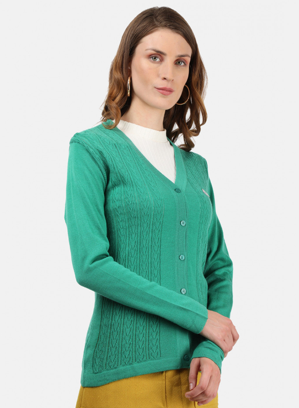 Women Green Self Cardigan