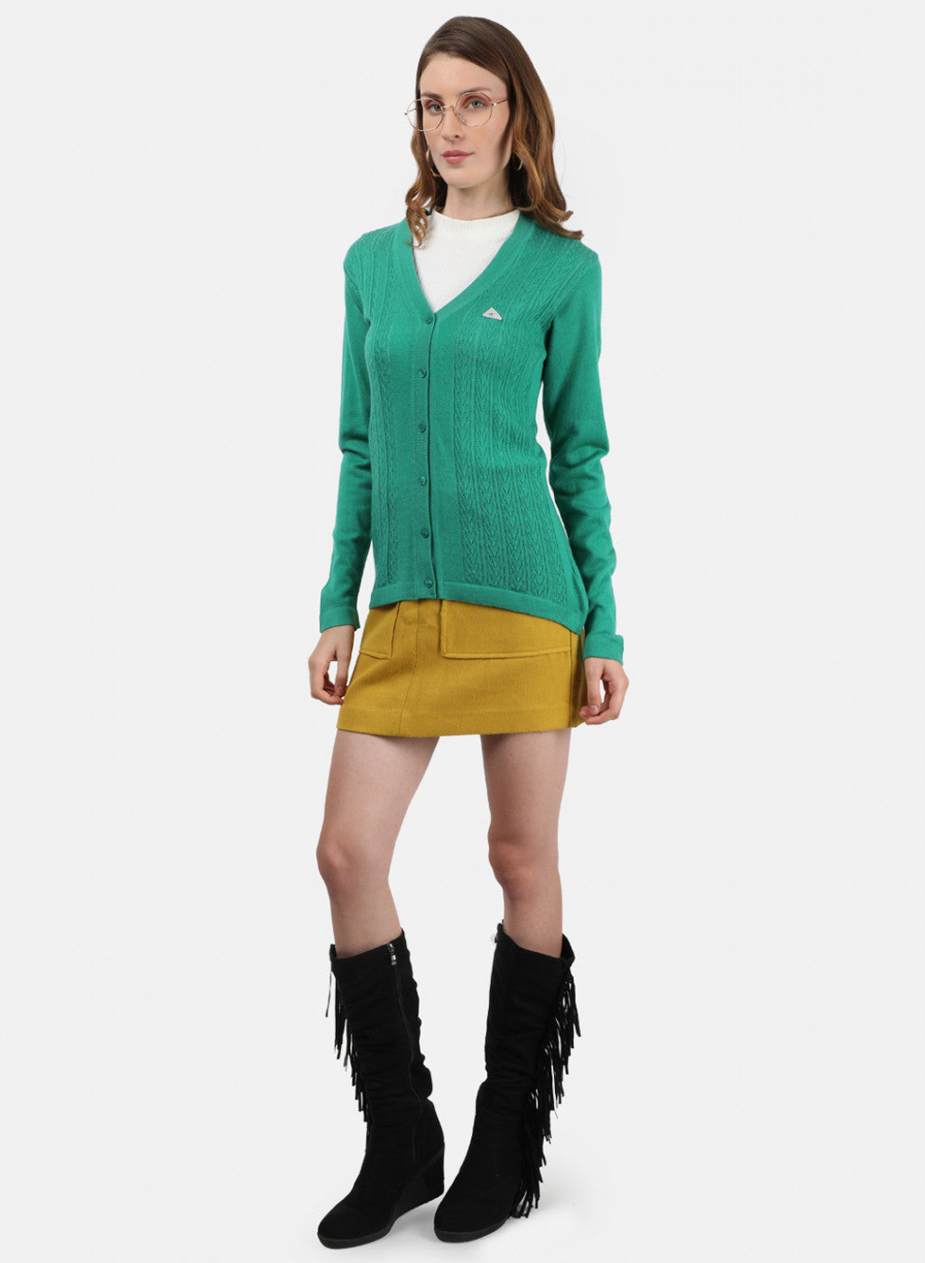 Women Green Self Cardigan