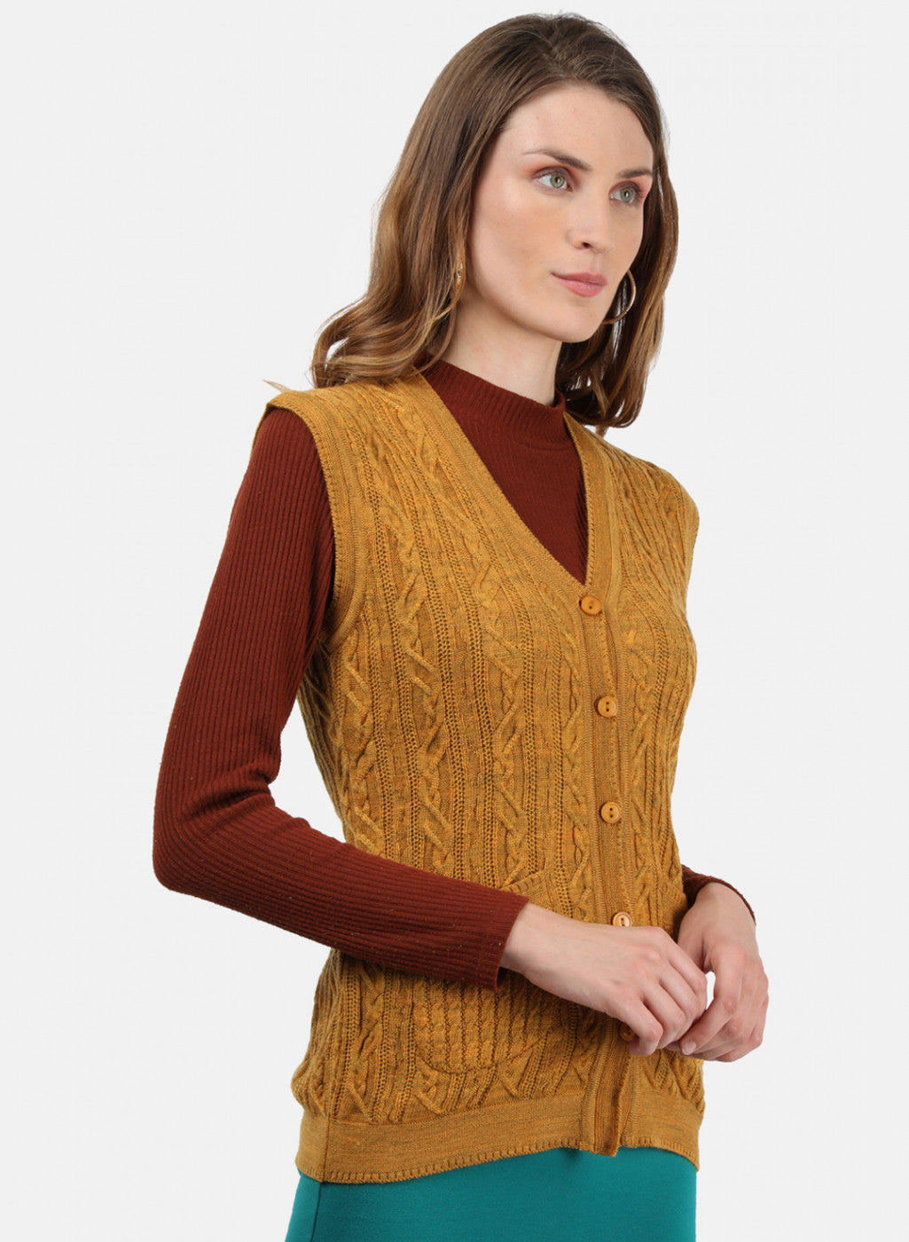 Women Yellow Self Cardigan